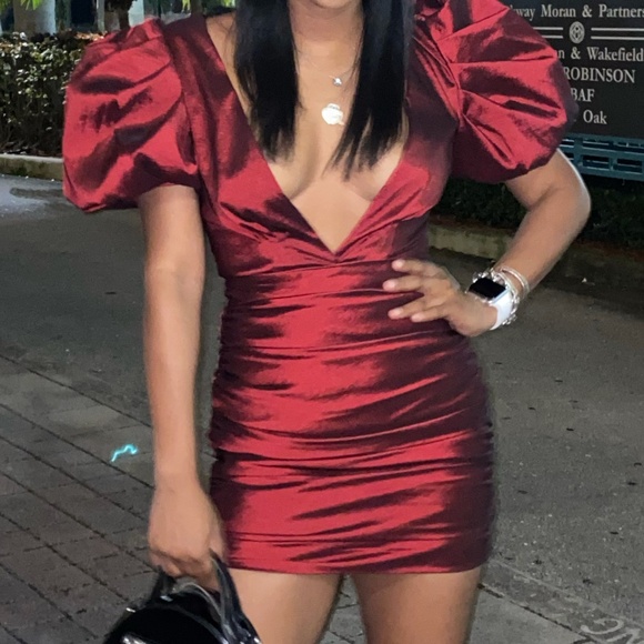 Red Metallic Puff Sleeve Dress - Picture 2 of 2